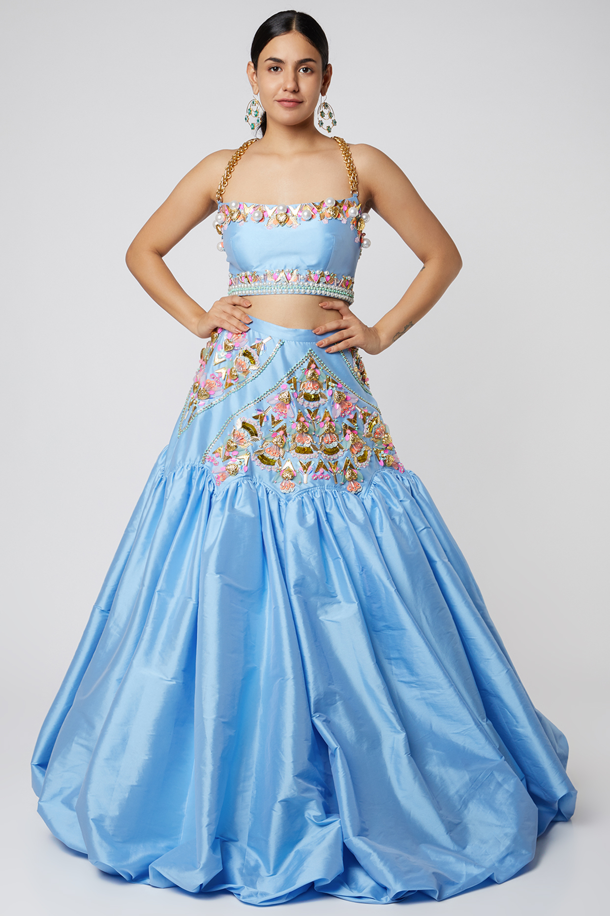 Sky Blue Taffeta Aari Embroidered Balloon Wedding Lehenga Set by Papa Don't Preach by Shubhika at Pernia's Pop Up Shop