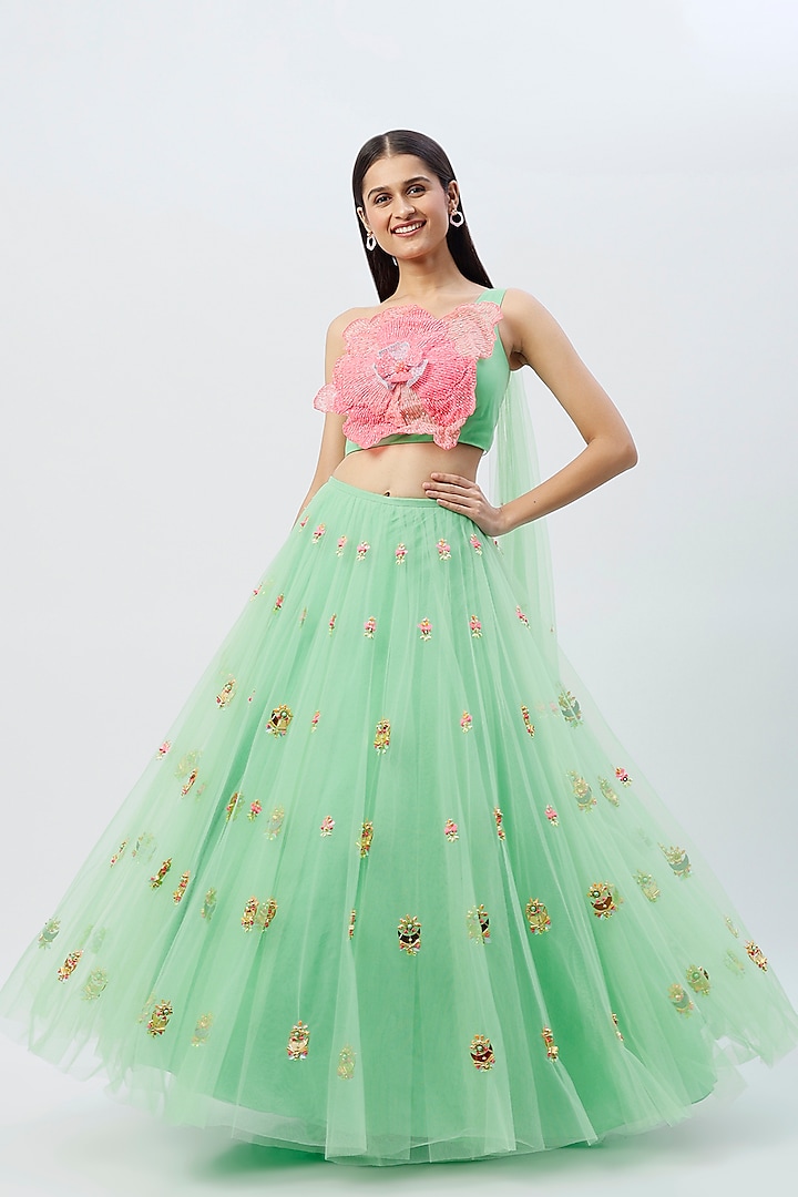 Mint Green Embroidered Bridal Lehenga Set by Papa Don't Preach by Shubhika at Pernia's Pop Up Shop