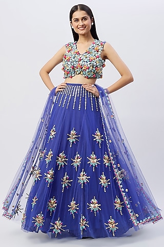 Purple Bead Embroidered Lehenga Set by Papa Don't Preach by Shubhika