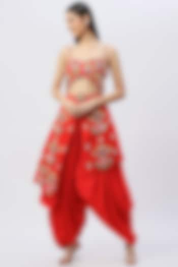 Red Embroidered Dhoti Jumpsuit by Papa Don't Preach by Shubhika at Pernia's Pop Up Shop