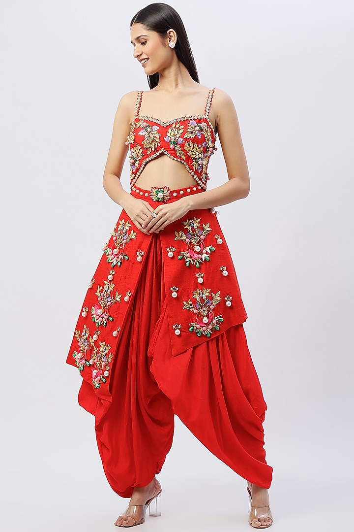 Red Embroidered Dhoti Jumpsuit by Papa Don't Preach by Shubhika