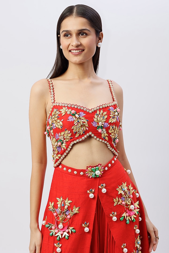 Red Embroidered Dhoti Jumpsuit by Papa Don't Preach by Shubhika at Pernia's Pop Up Shop