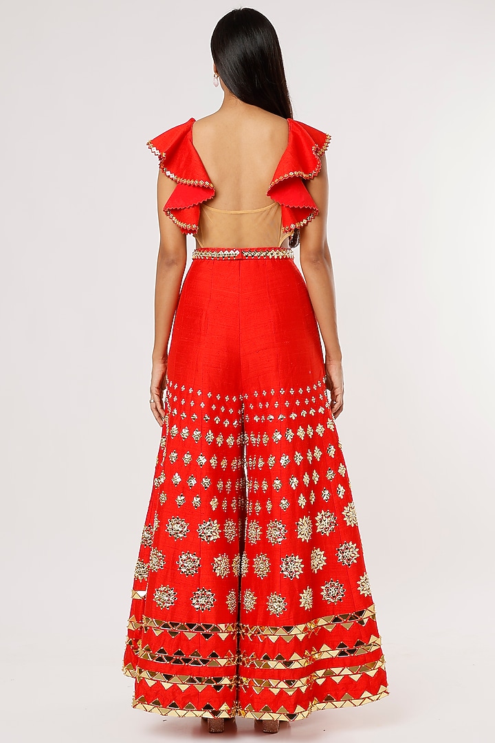 Red Hand Embroidered Jumpsuit by Papa Don't Preach by Shubhika at Pernia's Pop Up Shop