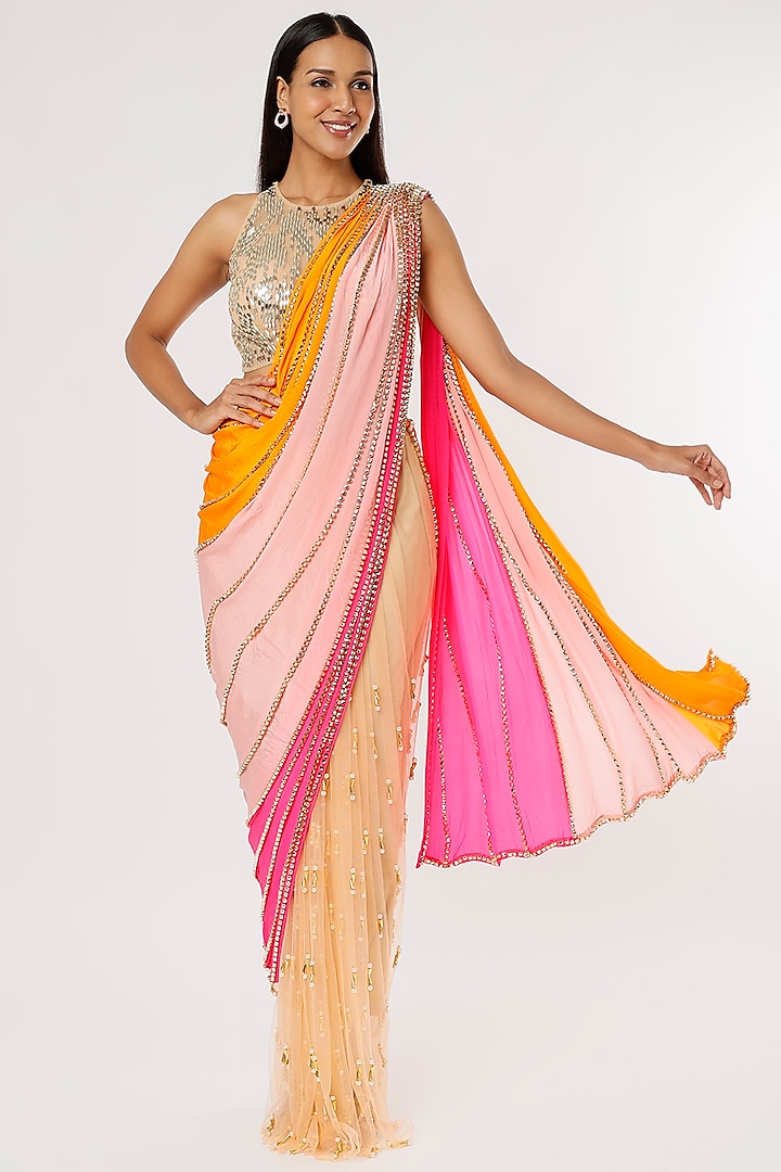 Multi-Colored Embroidered Pre-Stitched Saree Set by Papa Don't Preach by Shubhika