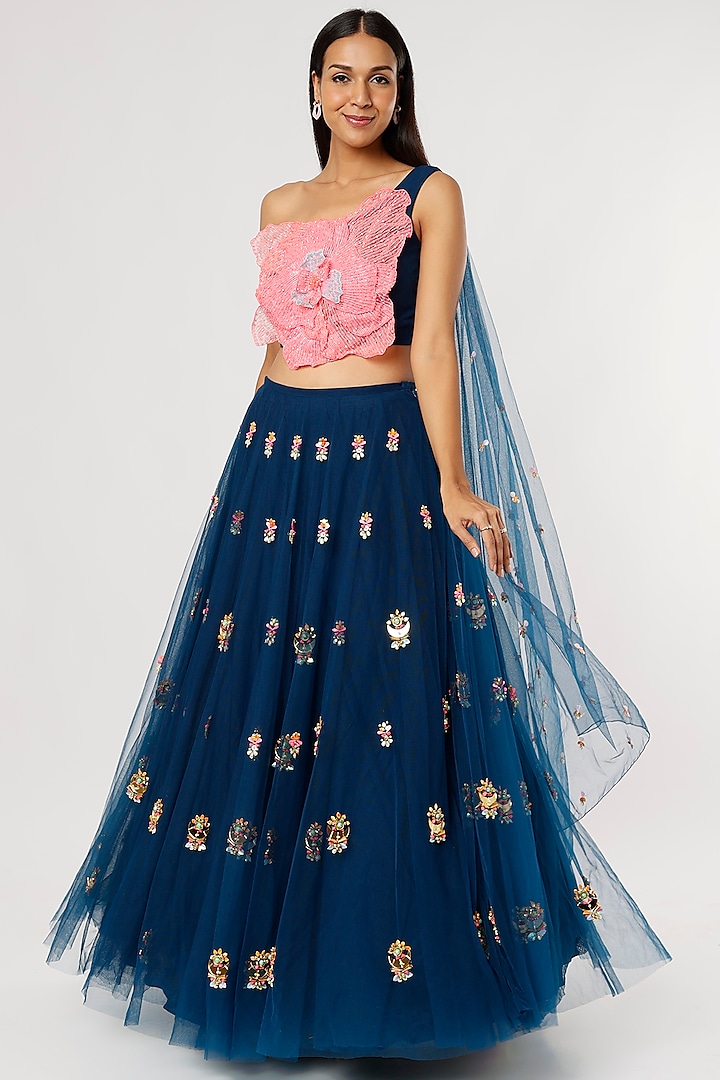 Dark Blue Embroidered Lehenga Set by Papa Don't Preach by Shubhika