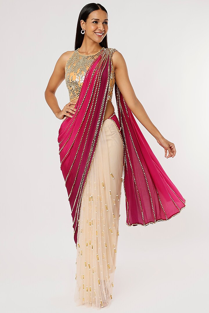 Beige & Maroon Embroidered Pre-Stitched Saree Set by Papa Don't Preach by Shubhika