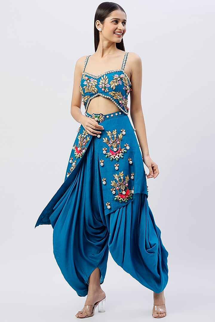 Blue Embroidered Dhoti Jumpsuit by Papa Don't Preach by Shubhika at Pernia's Pop Up Shop