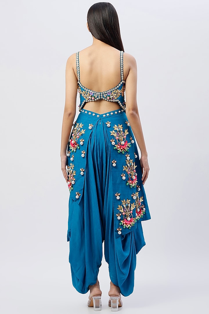 Blue Embroidered Dhoti Jumpsuit by Papa Don't Preach by Shubhika at Pernia's Pop Up Shop
