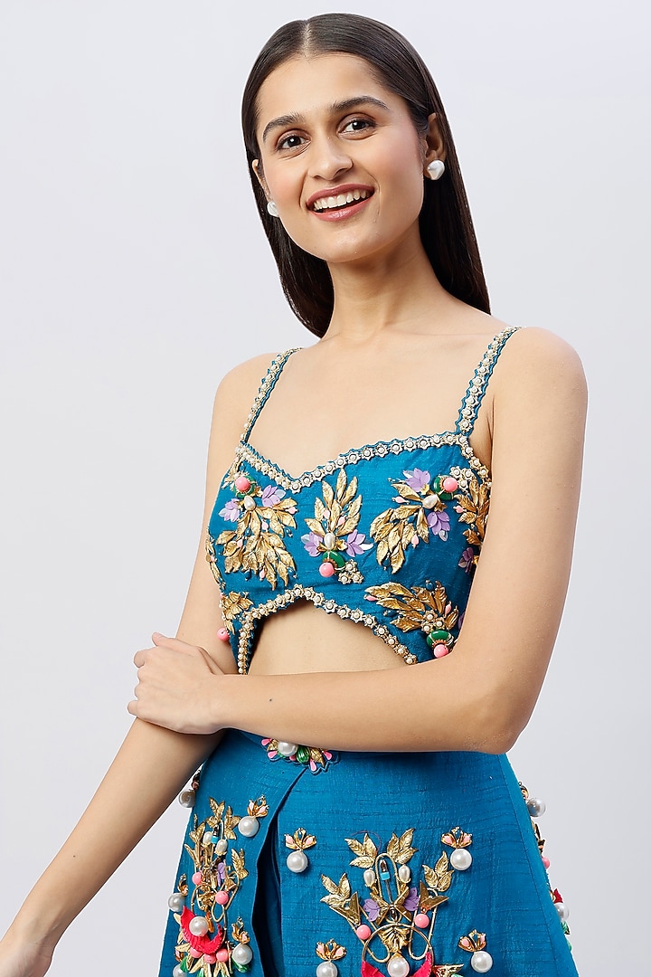 Blue Embroidered Dhoti Jumpsuit by Papa Don't Preach by Shubhika at Pernia's Pop Up Shop