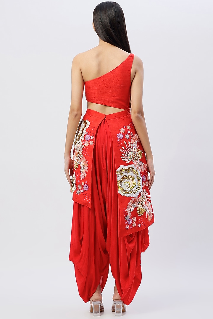 Red Embellished Dhoti Jumpsuit by Papa Don't Preach by Shubhika at Pernia's Pop Up Shop