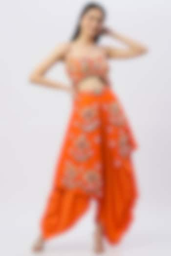 Orange Embroidered Dhoti Jumpsuit by Papa Don't Preach by Shubhika at Pernia's Pop Up Shop