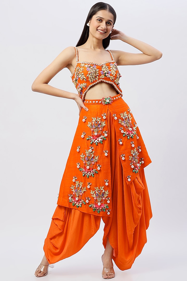 Orange Embroidered Dhoti Jumpsuit by Papa Don't Preach by Shubhika