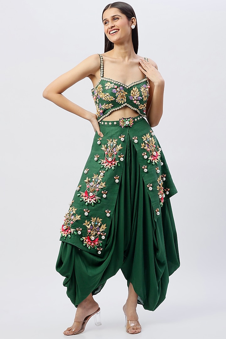 Green Embroidered Dhoti Jumpsuit by Papa Don't Preach by Shubhika at Pernia's Pop Up Shop