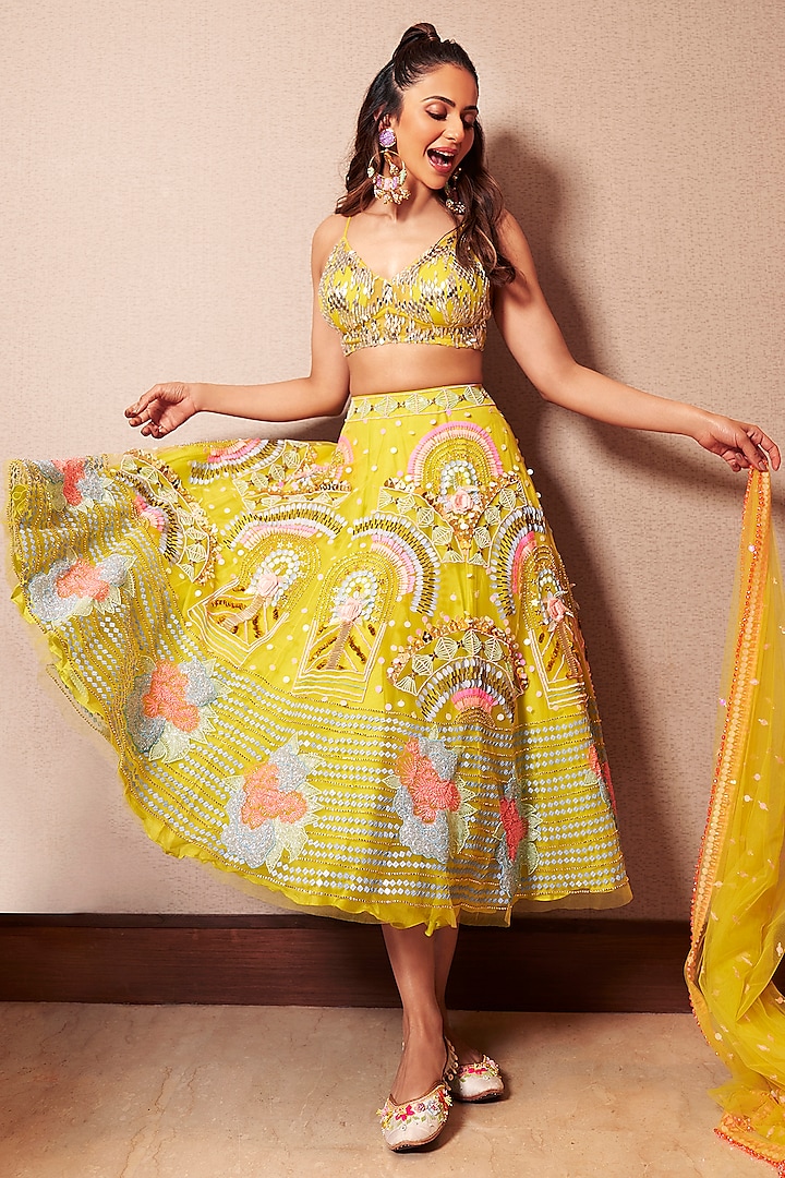 Mustard Tulle Sequins & Cutwork Embellished Skirt Set by Papa Don't Preach by Shubhika at Pernia's Pop Up Shop