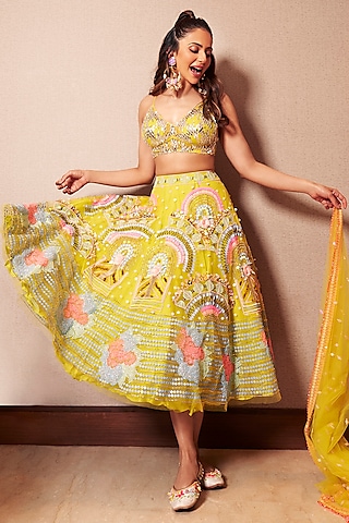 Mustard Tulle Sequins & Cutwork Embellished Skirt Set by Papa Don't Preach by Shubhika