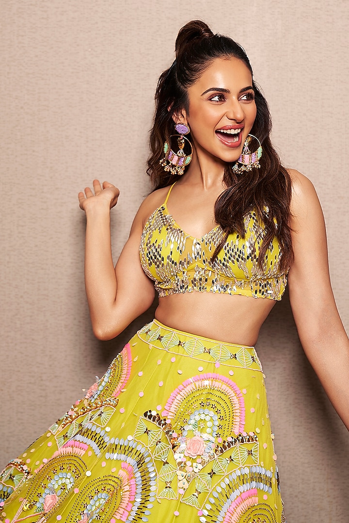 Mustard Tulle Sequins & Cutwork Embellished Skirt Set by Papa Don't Preach by Shubhika at Pernia's Pop Up Shop