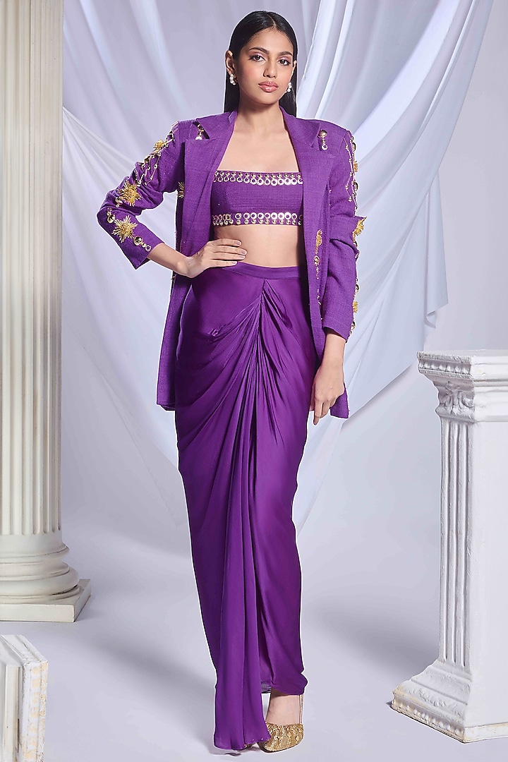 Purple Matka Silk Draped Skirt Set by Papa Don't Preach by Shubhika