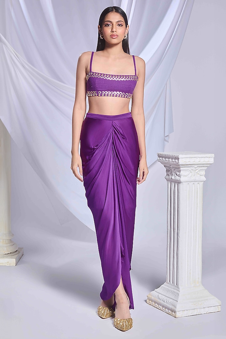 Purple Matka Silk Draped Skirt Set by Papa Don't Preach by Shubhika at Pernia's Pop Up Shop
