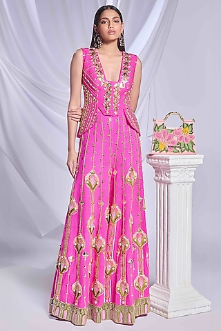 Hot Pink Matka Silk Patchwork Flared Pant Set by Papa Don't Preach by Shubhika