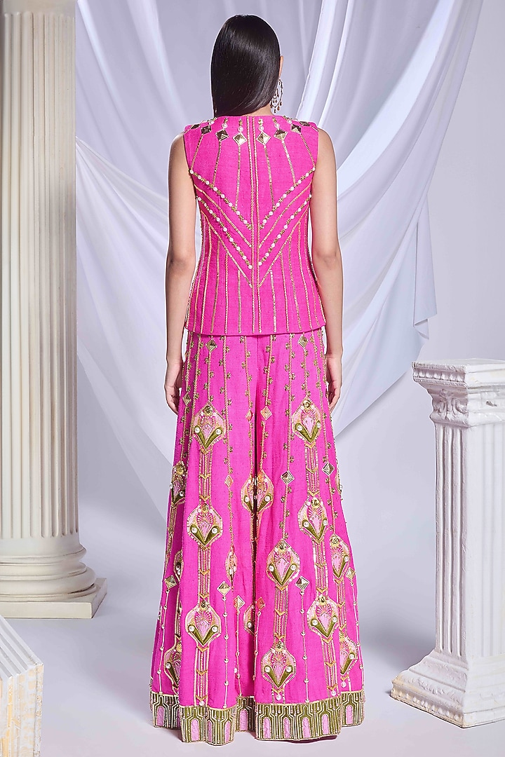 Hot Pink Matka Silk Patchwork Flared Pant Set by Papa Don't Preach by Shubhika at Pernia's Pop Up Shop