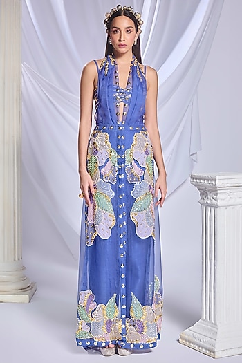 Blue Raw Silk Patch Work Pant Set by Papa Don't Preach by Shubhika at Pernia's Pop Up Shop