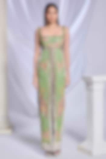 Green & Grey Velvet Hand Embroidered Paneled Gown by Papa Don't Preach by Shubhika at Pernia's Pop Up Shop