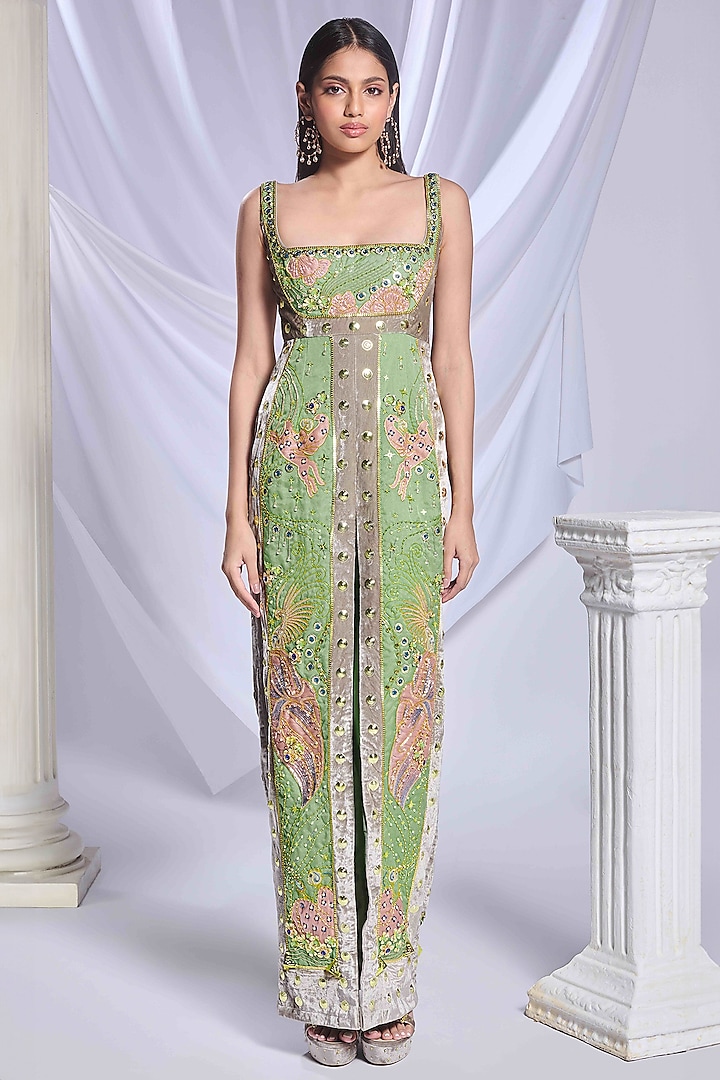 Green & Grey Velvet Hand Embroidered Paneled Gown by Papa Don't Preach by Shubhika at Pernia's Pop Up Shop