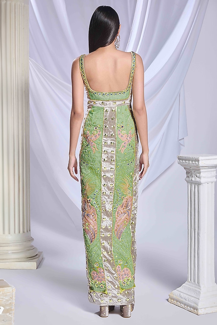 Green & Grey Velvet Hand Embroidered Paneled Bridal Gown by Papa Don't Preach by Shubhika at Pernia's Pop Up Shop