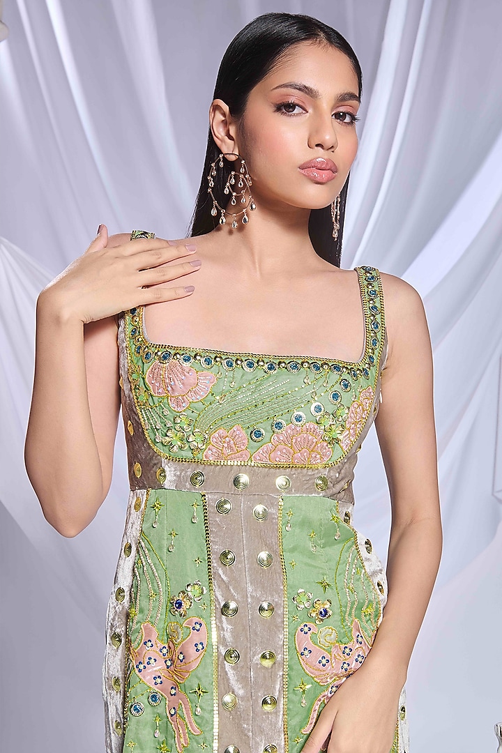 Green & Grey Velvet Hand Embroidered Paneled Bridal Gown by Papa Don't Preach by Shubhika at Pernia's Pop Up Shop