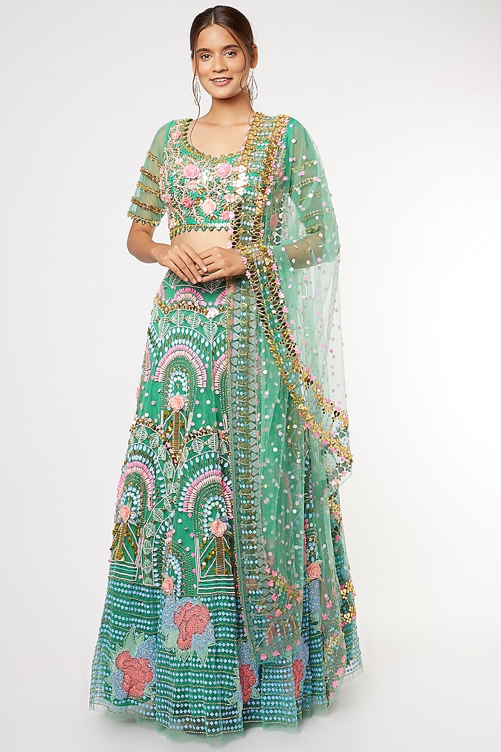 Emerald Green Embroidered Lehenga Set by Papa Don't Preach by Shubhika