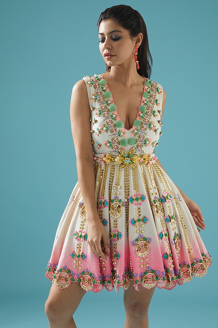 White & Pink Embellished Mini Party Wear Dress by Papa Don't Preach by Shubhika at Pernia's Pop Up Shop
