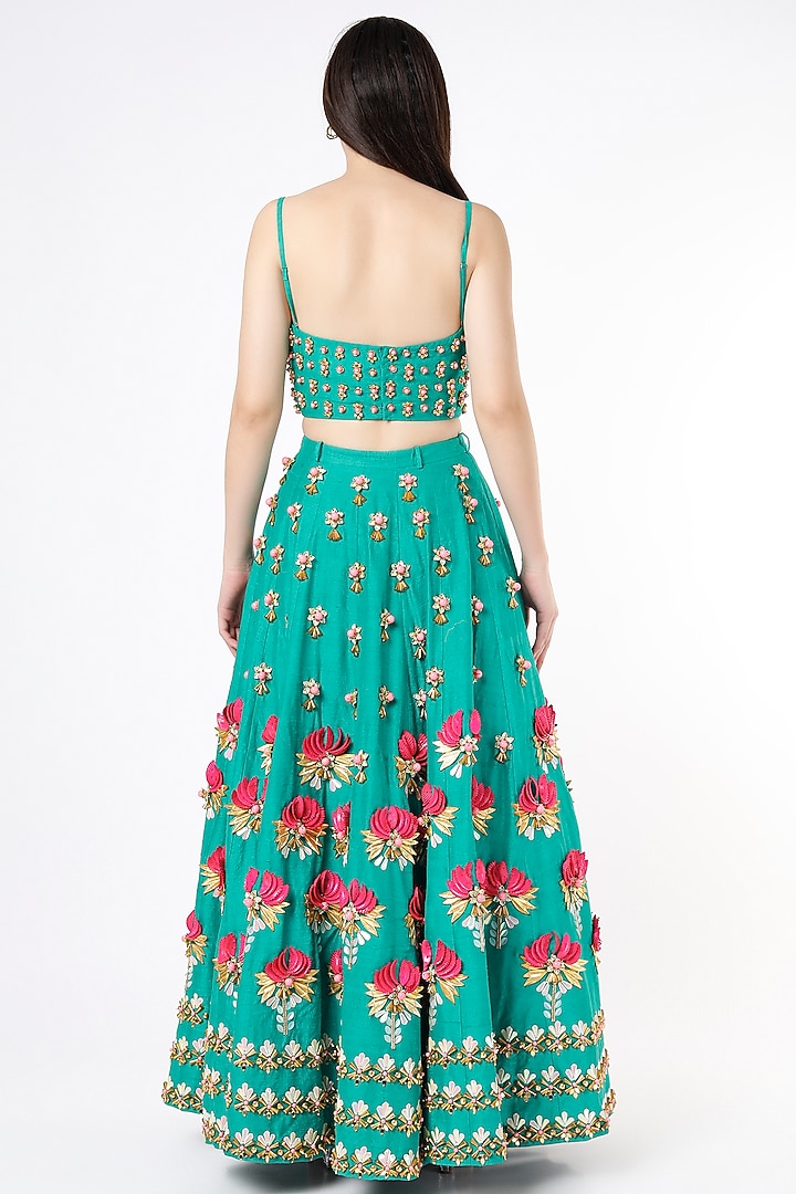 Dark Green Raw Silk Embellished Bridal Lehenga Set by Papa Don't Preach by Shubhika at Pernia's Pop Up Shop