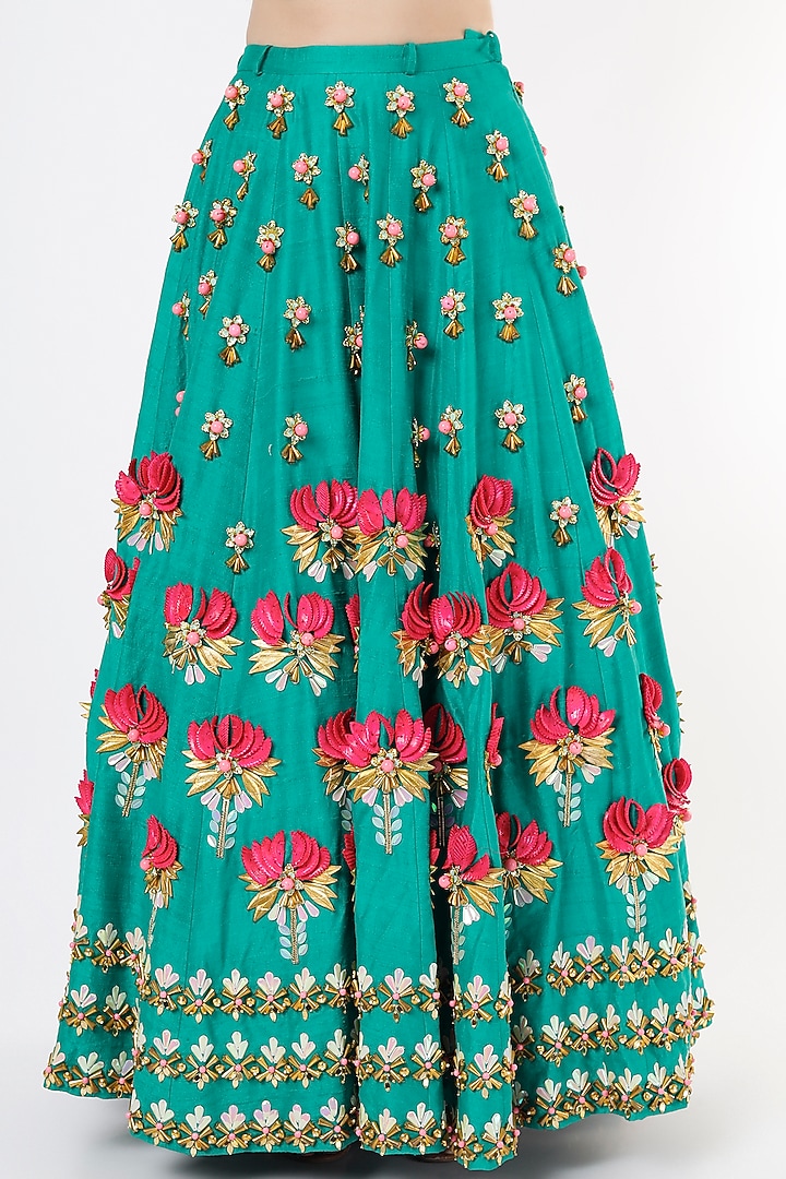 Dark Green Raw Silk Embellished Bridal Lehenga Set by Papa Don't Preach by Shubhika at Pernia's Pop Up Shop