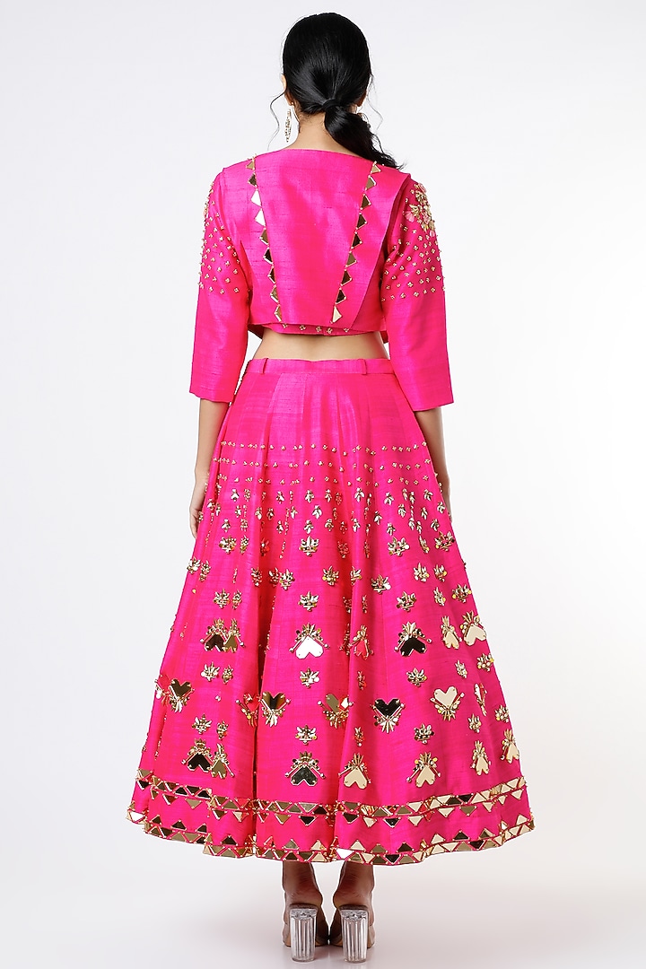 Pink Raw Silk & Crepe Mirror Embellished Skirt Set by Papa Don't Preach by Shubhika at Pernia's Pop Up Shop