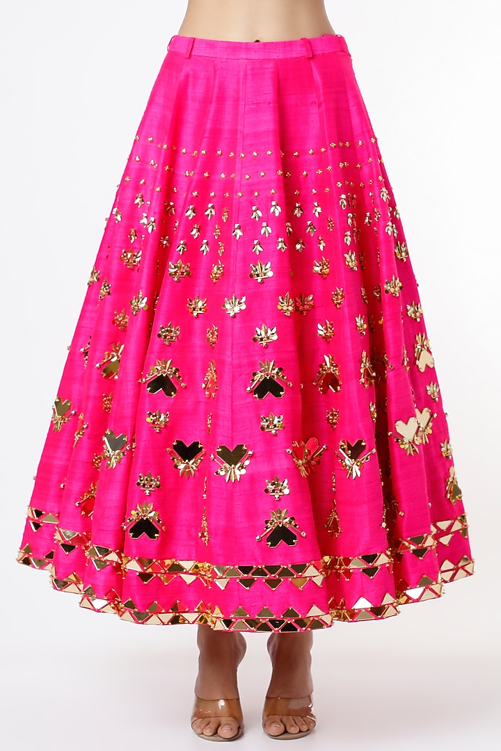 Pink Raw Silk & Crepe Mirror Embellished Skirt Set by Papa Don't Preach by Shubhika at Pernia's Pop Up Shop