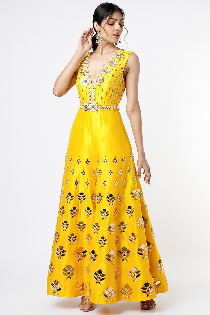 Mustard Embellished Jumpsuit With Belt by Papa Don't Preach by Shubhika