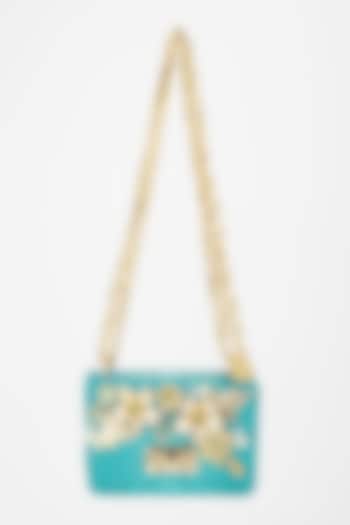 Cerulean Blue Floral Embellished Crossbody Bag by Papa don't preach by Shubhika Accessories