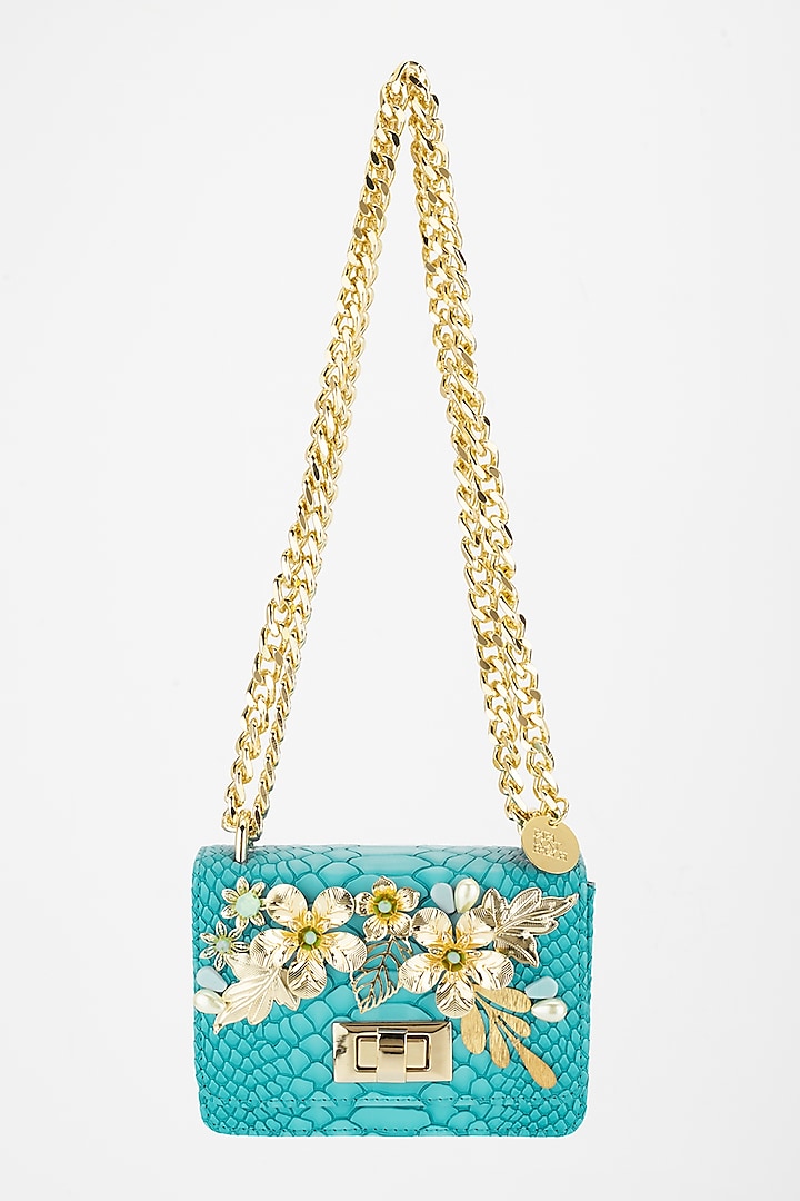 Cerulean Blue Floral Embellished Crossbody Bag by Papa don't preach by Shubhika Accessories