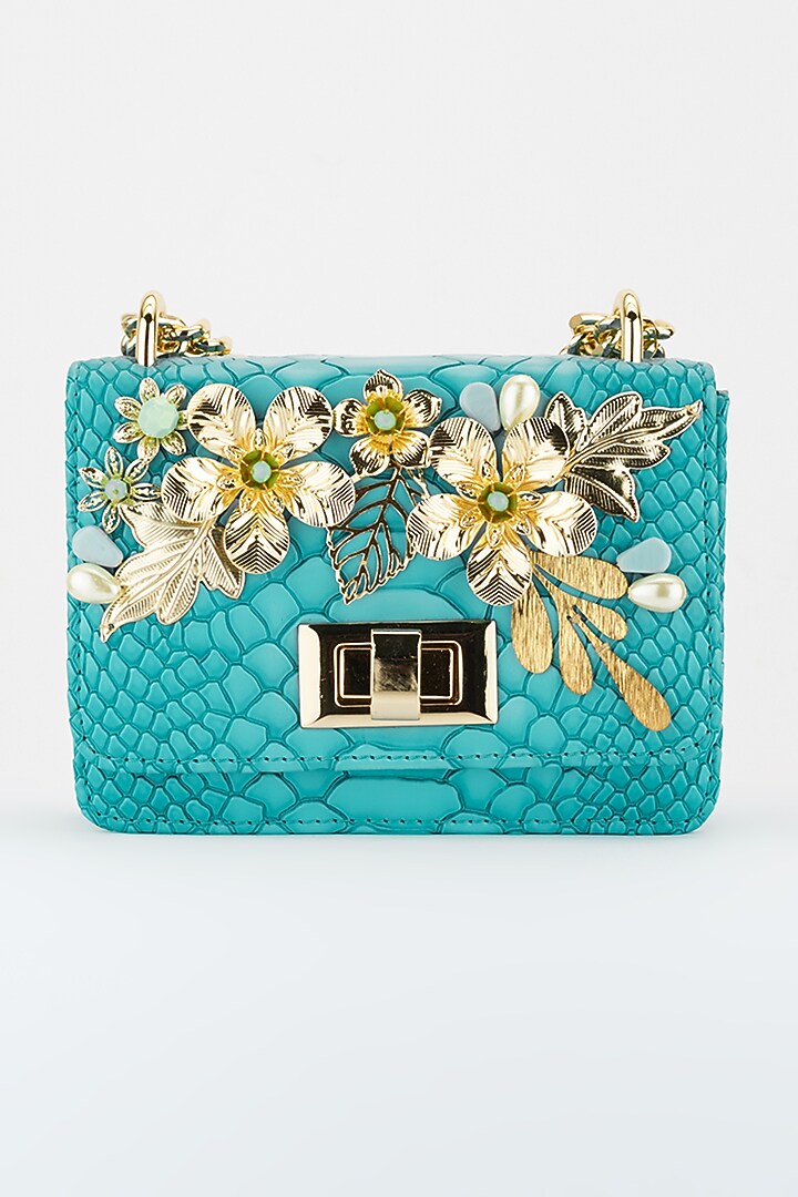Cerulean Blue Floral Embellished Crossbody Bag by Papa don't preach by Shubhika Accessories at Pernia's Pop Up Shop
