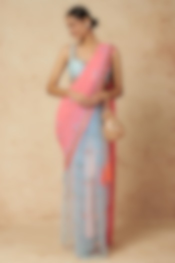 Pink & Blue Pre-Stitched Embellished Saree Set by Papa Don't Preach by Shubhika