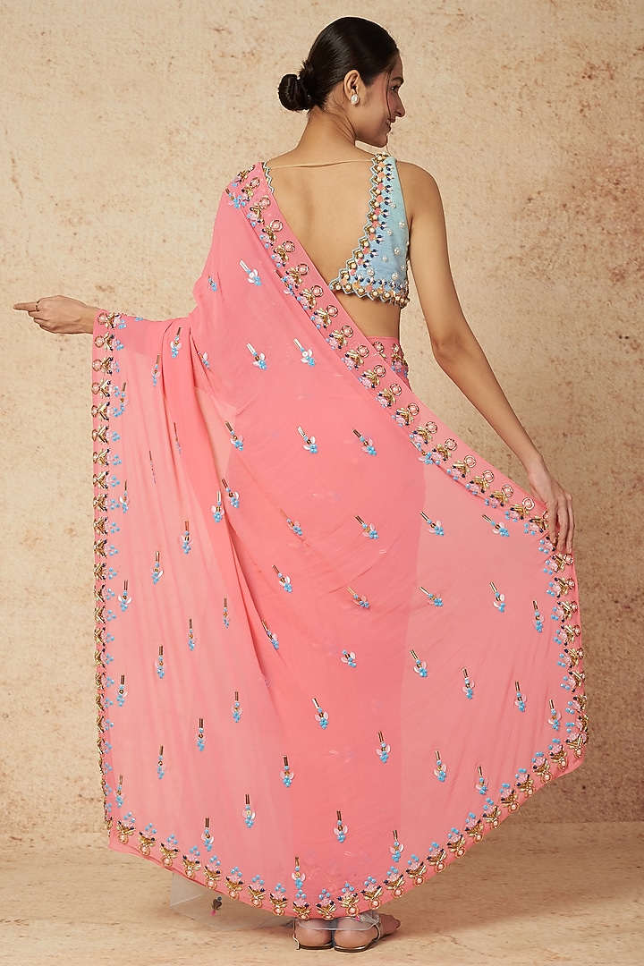 Pink & Blue Pre-Stitched Embellished Reception Saree Set by Papa Don't Preach by Shubhika at Pernia's Pop Up Shop
