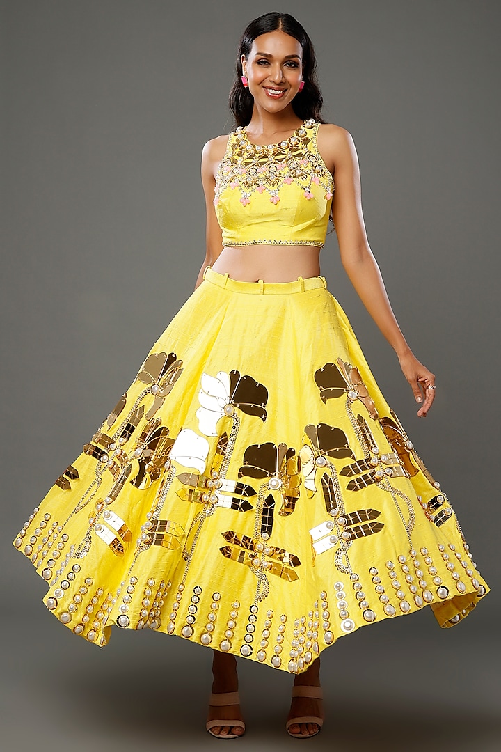 Yellow Embellished Half-Bridal Lehenga Set by Papa don't preach by Shubhika at Pernia's Pop Up Shop