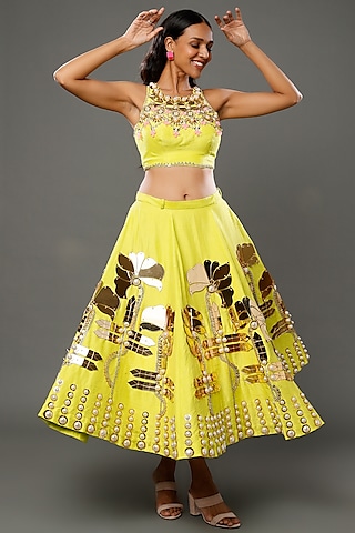 Yellow Glass Beads Embellished Half-Lehenga Set by Papa don't preach by Shubhika