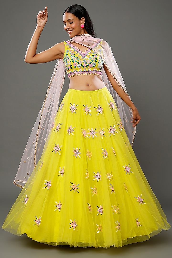 Yellow Embroidered Lehenga Set by Papa don't preach by Shubhika