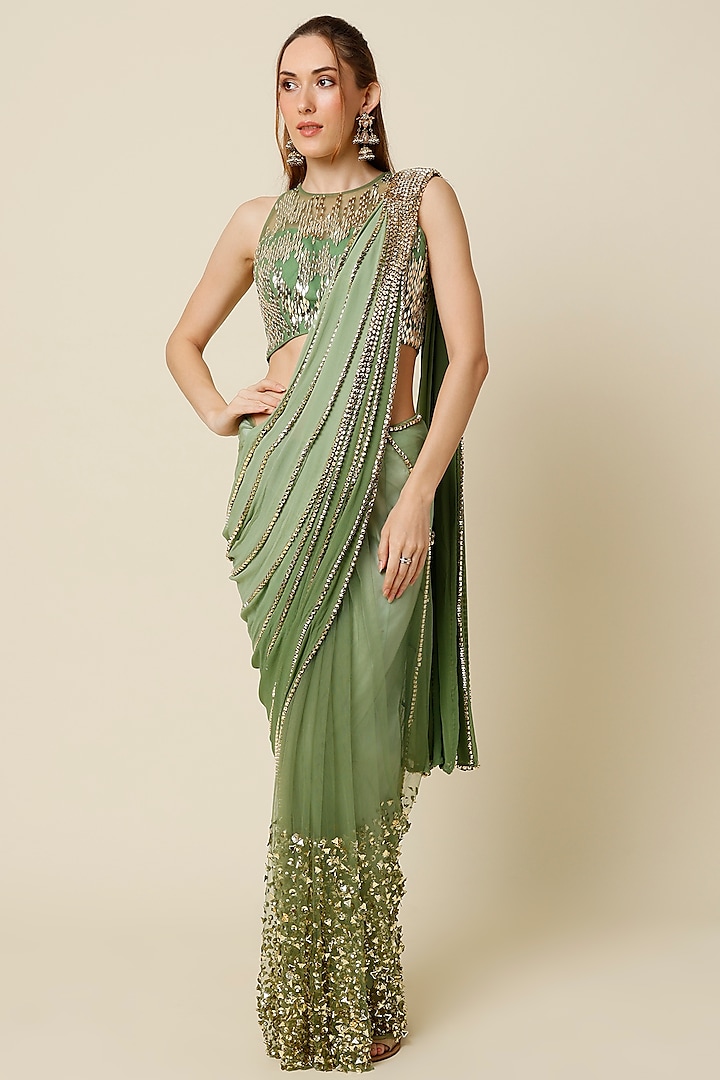 Green Embroidered Pre-Sticthed Saree Set by Papa Don't Preach by Shubhika