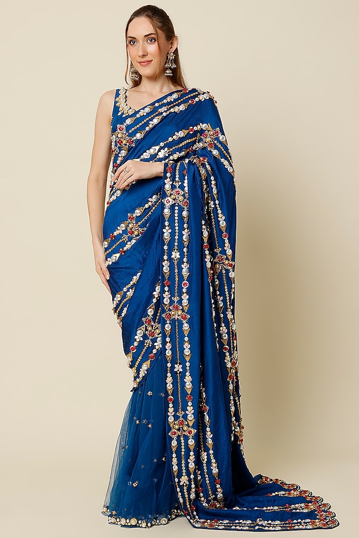 Blue Embellished Pre Stitched Saree Set Design By Papa Dont Preach By Shubhika At Pernias Pop