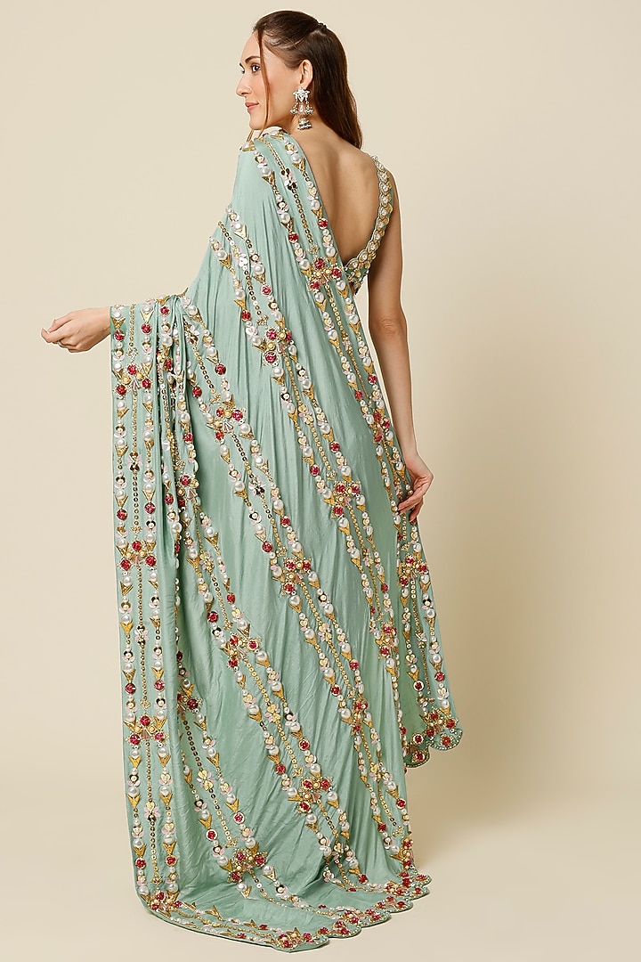 Blue Embellished Pre-Stitched Bridal Saree Set by Papa Don't Preach by Shubhika at Pernia's Pop Up Shop