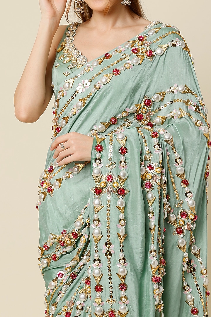 Blue Embellished Pre-Stitched Bridal Saree Set by Papa Don't Preach by Shubhika at Pernia's Pop Up Shop
