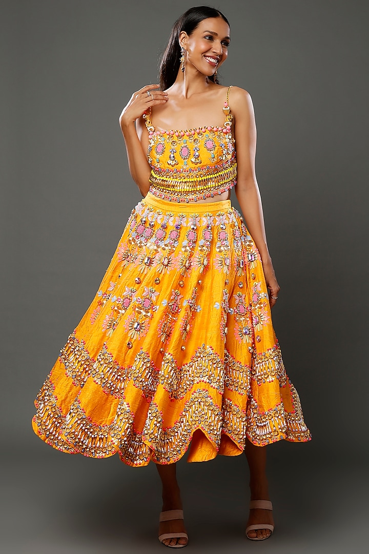 Yellow Embroidered Half-Bridal Lehenga Set by Papa don't preach by Shubhika at Pernia's Pop Up Shop