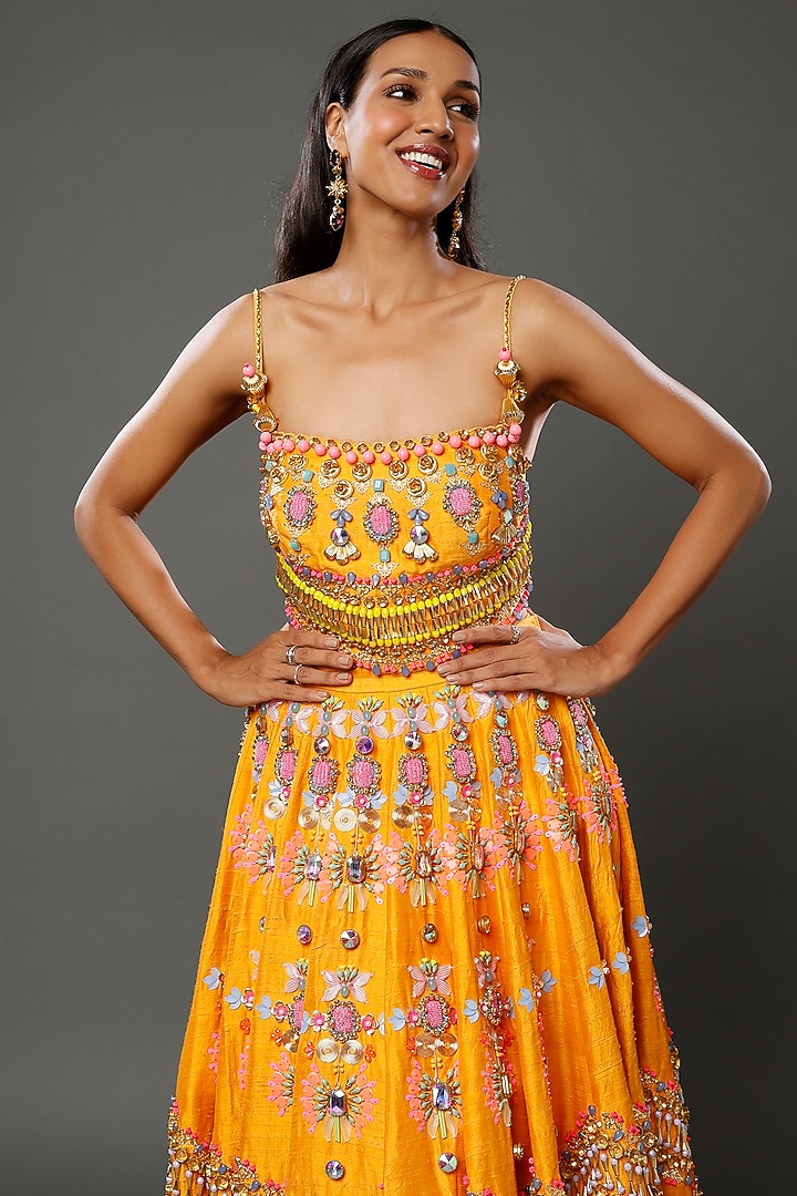 Yellow Embroidered Half-Bridal Lehenga Set by Papa don't preach by Shubhika at Pernia's Pop Up Shop